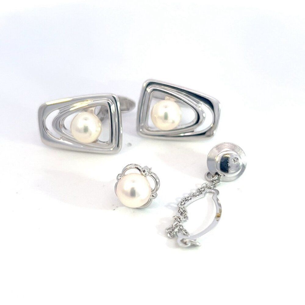 Mikimoto Estate Akoya Pearl Cufflinks + Tie Pin Set Sterling Silver 7.20 mm M384